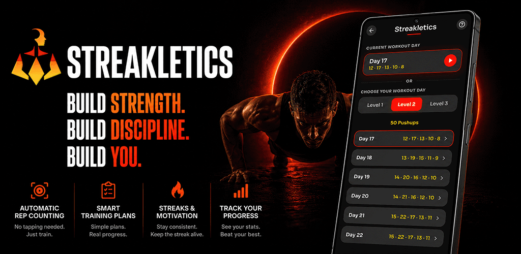 Streakletics — app preview showing the workout day screen
